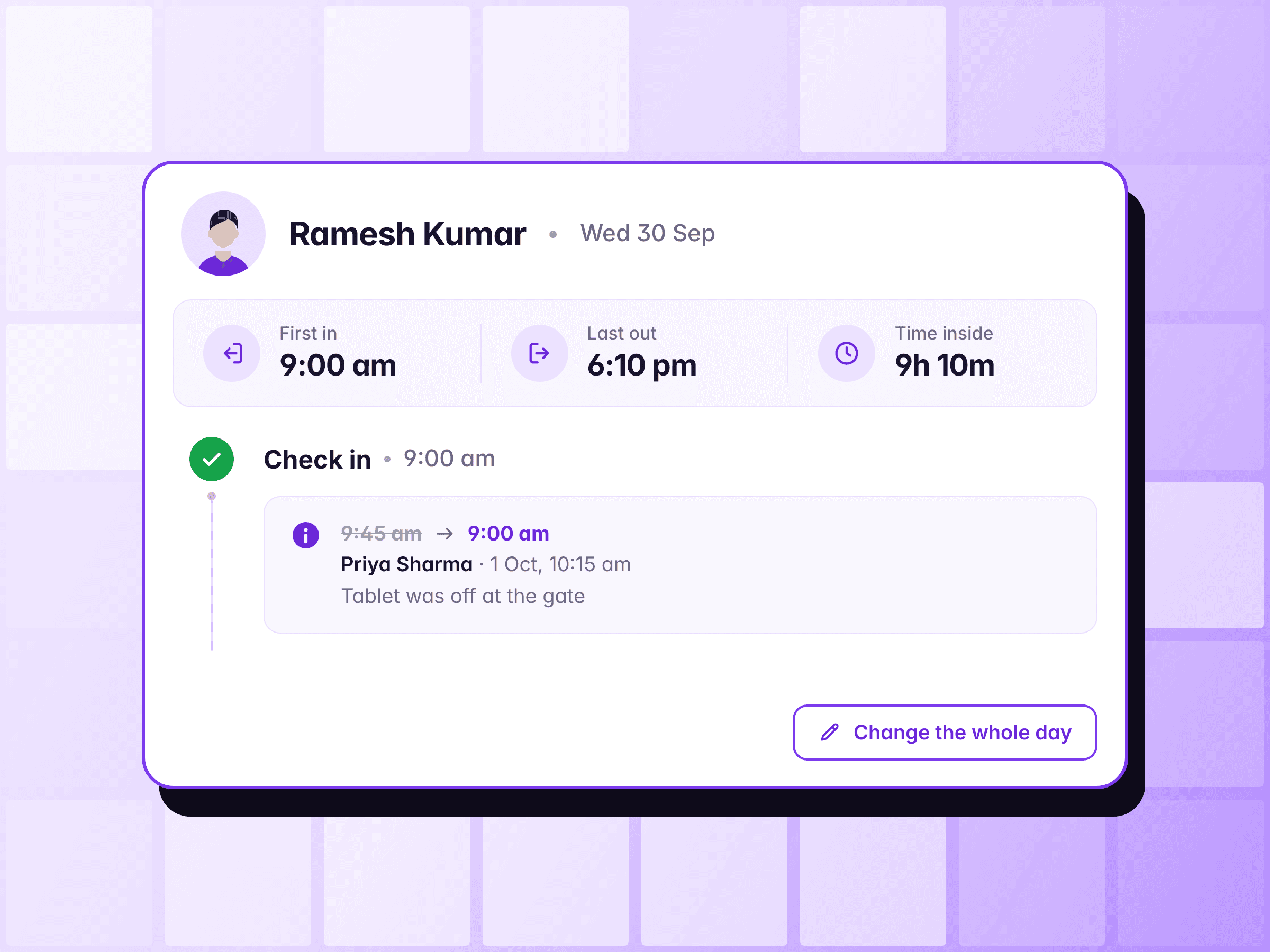 One person's day log, with a check-in corrected from 9:45 to 9:00 am and why