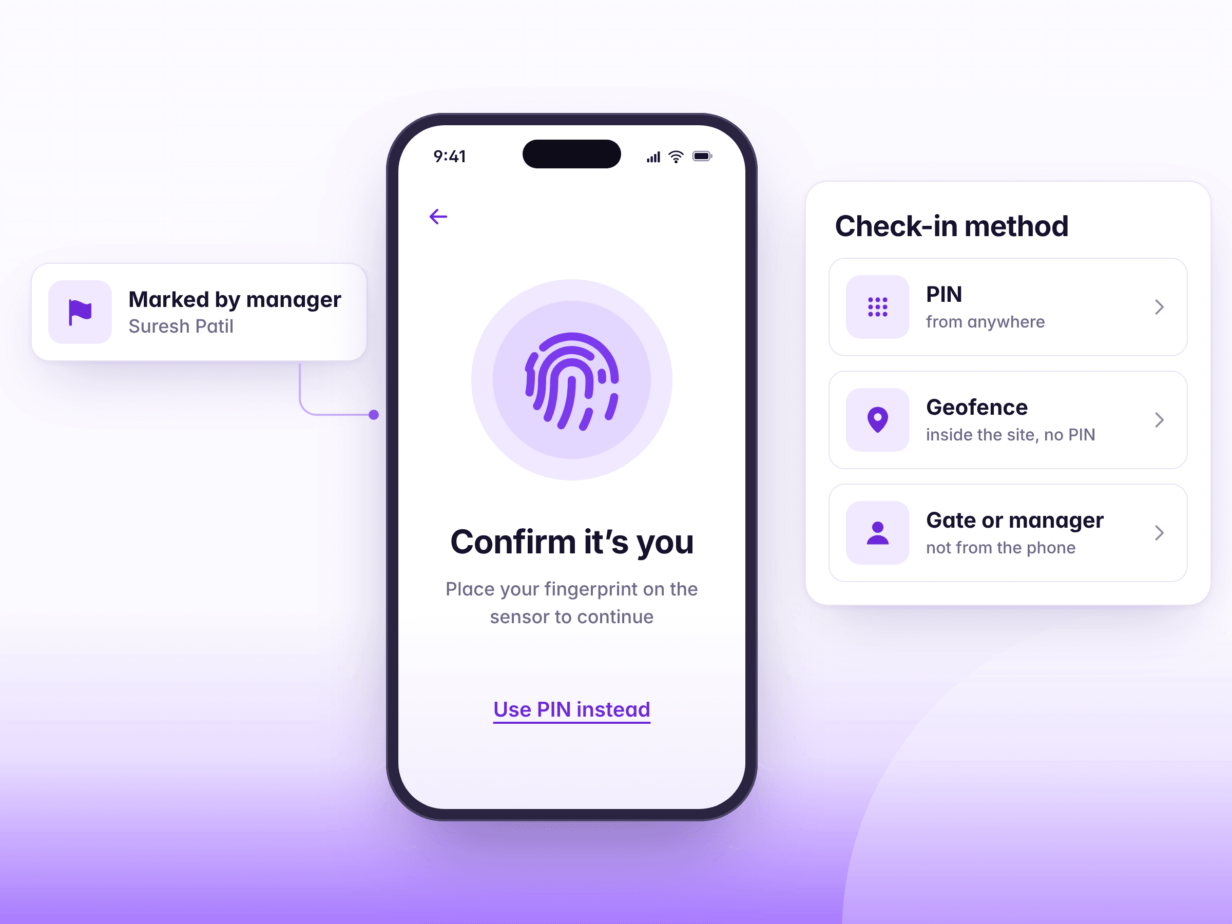 A phone asking for a fingerprint with a PIN fallback, and the three check-in methods a company can choose
