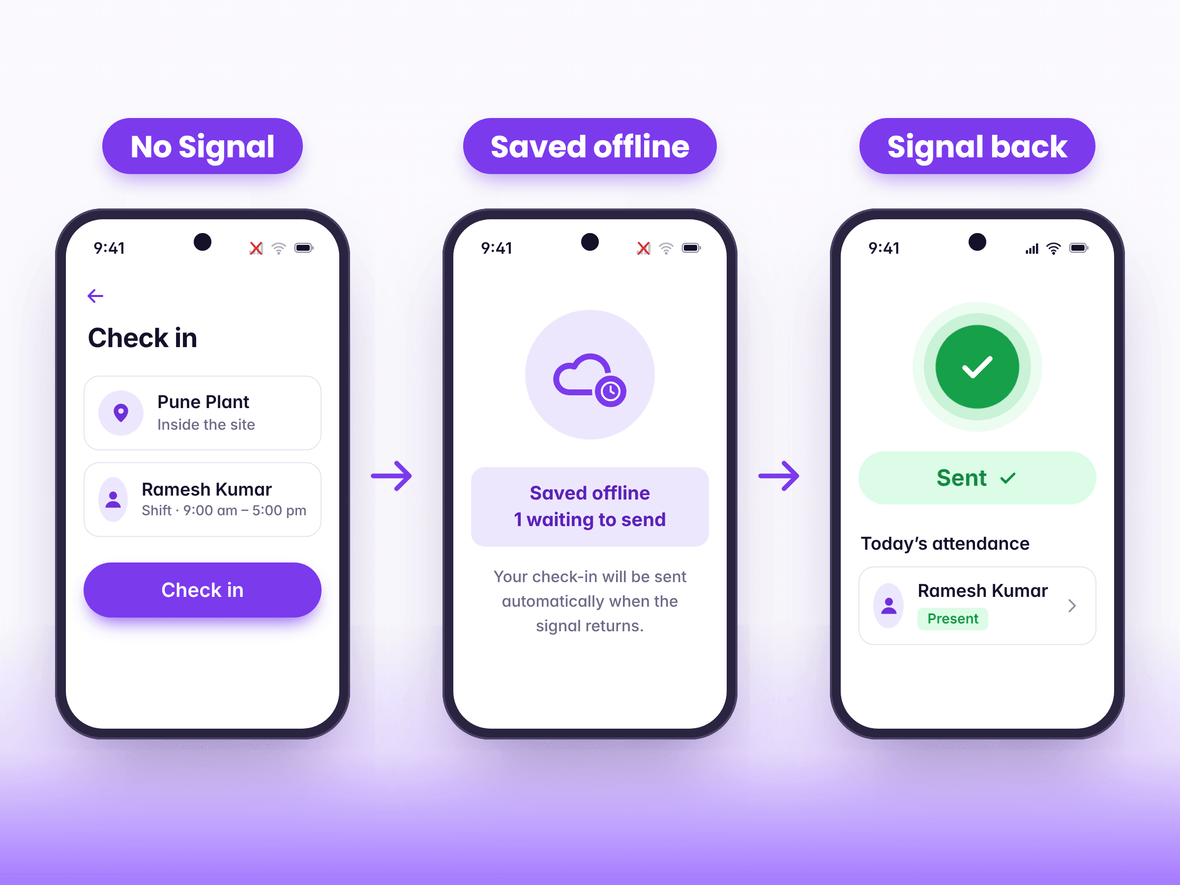 A check-in made with no signal, saved on the phone, then sent when the signal came back