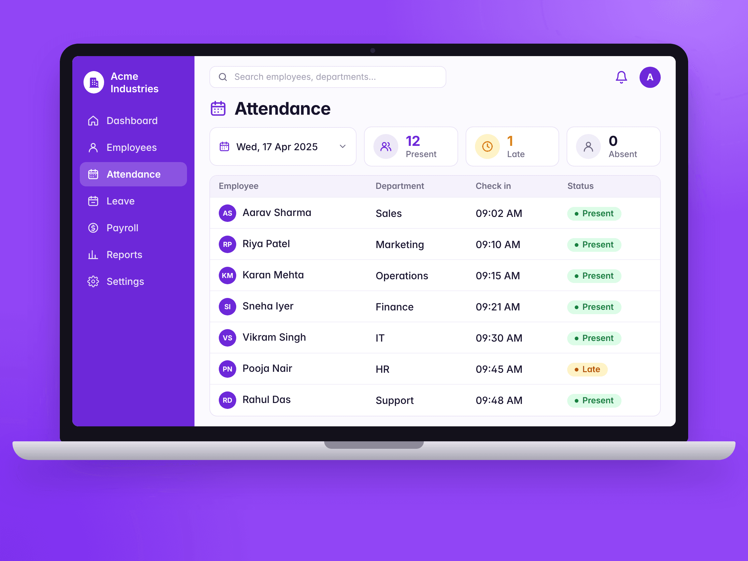 The Timix attendance page for a day, with one person late