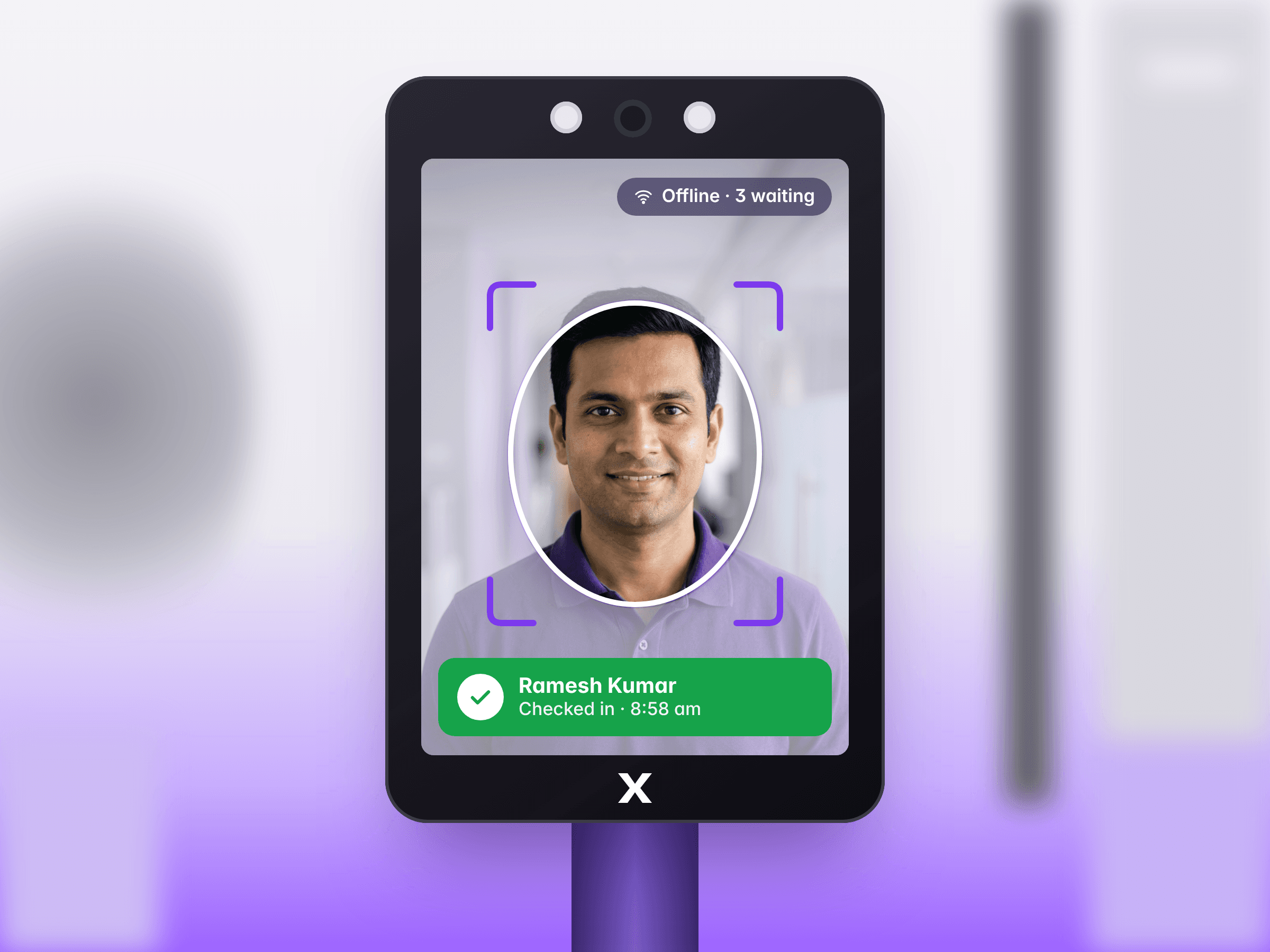 A Timix Gate tablet at an entrance, checking a face in: Ramesh Kumar · Checked in 8:58 am