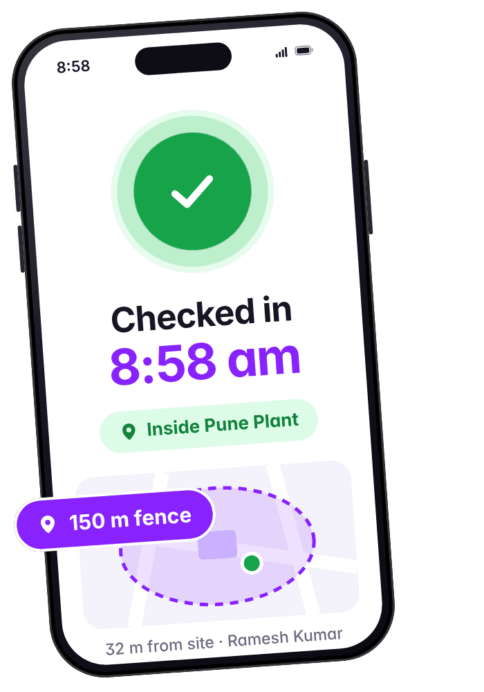 A phone showing Checked in 8:58 am, inside the 150 m fence at Pune Plant