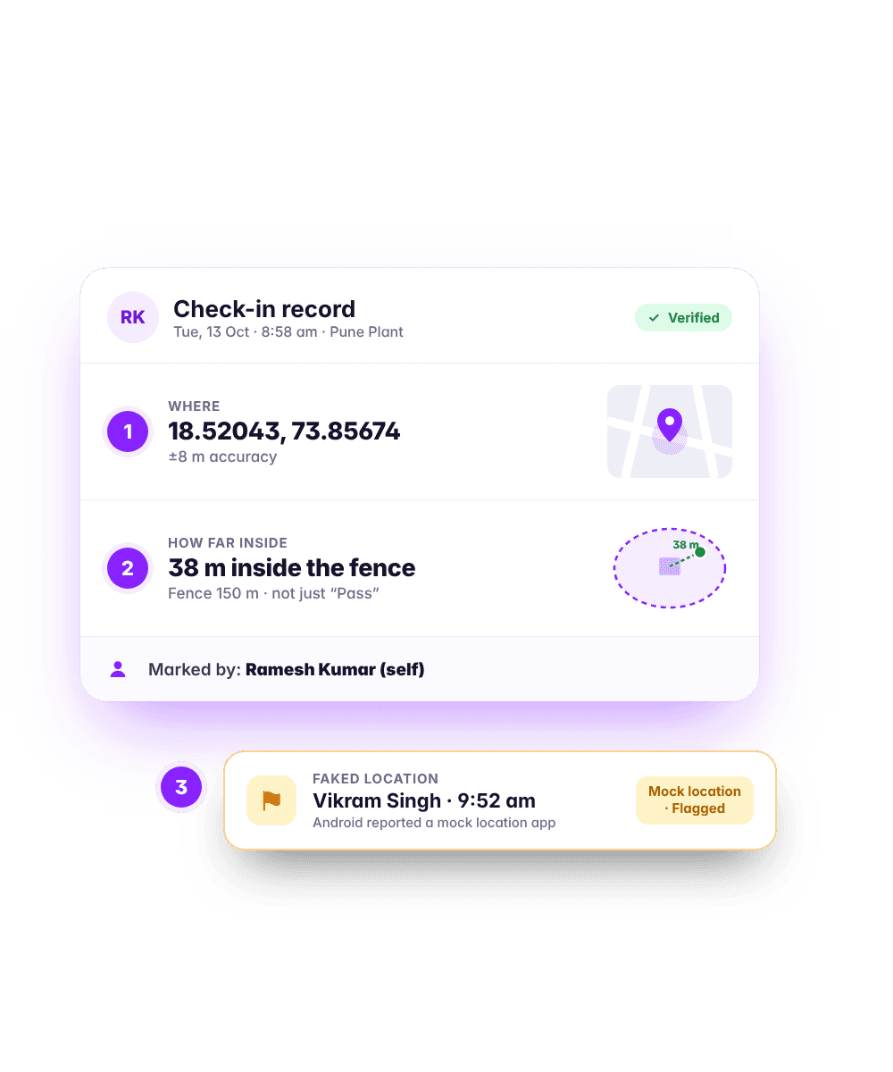A check-in record: the coordinates, 38 m inside the fence, who marked it, and a separate check-in flagged for a mocked location