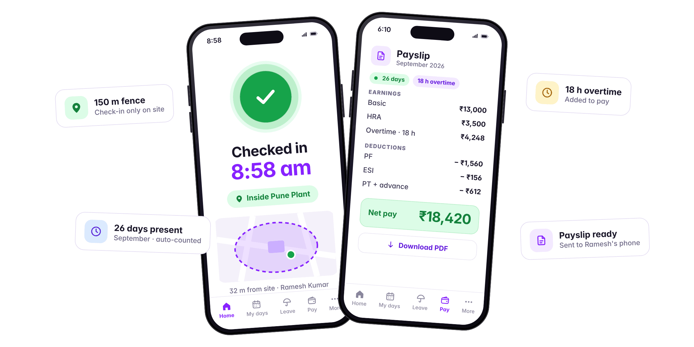 Two phones: one checked in at 8:58 am inside the Pune Plant fence, the other showing September's payslip with net pay ₹18,420, with 26 days present and 18 h overtime counted on their own