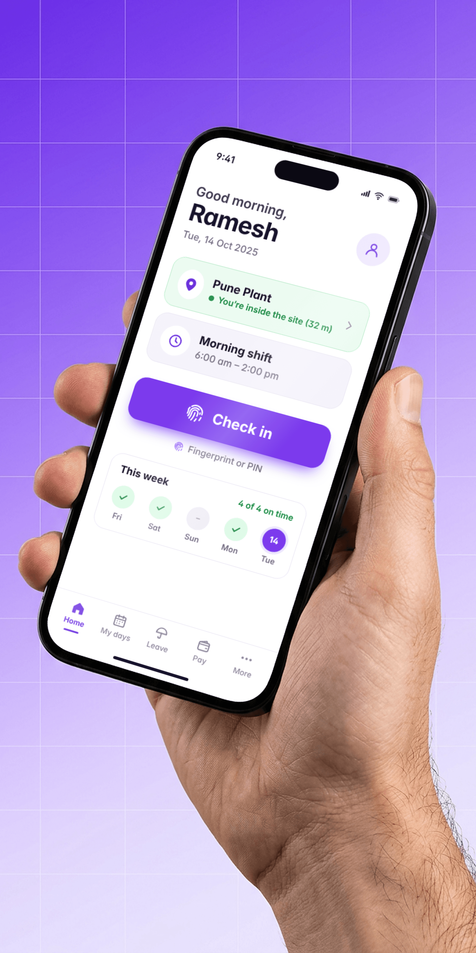 The Timix app's home screen: inside Pune Plant, with one big Check in button