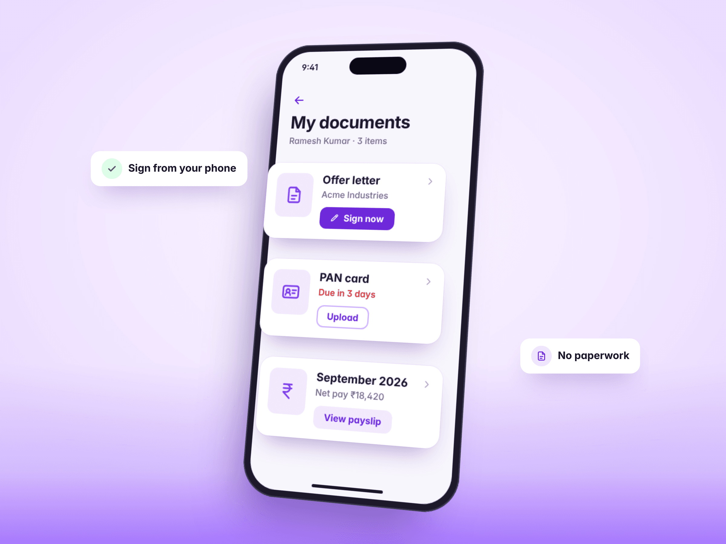 My documents in the app: an offer letter to sign, a PAN card to upload and September's payslip