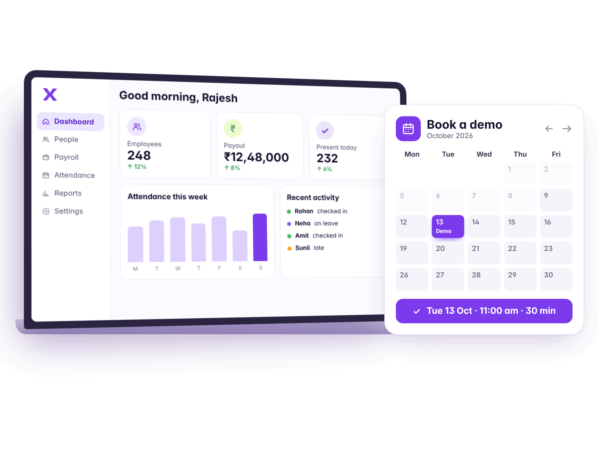 A laptop showing the Timix dashboard beside a 30-minute demo booked for Tuesday at 11 am