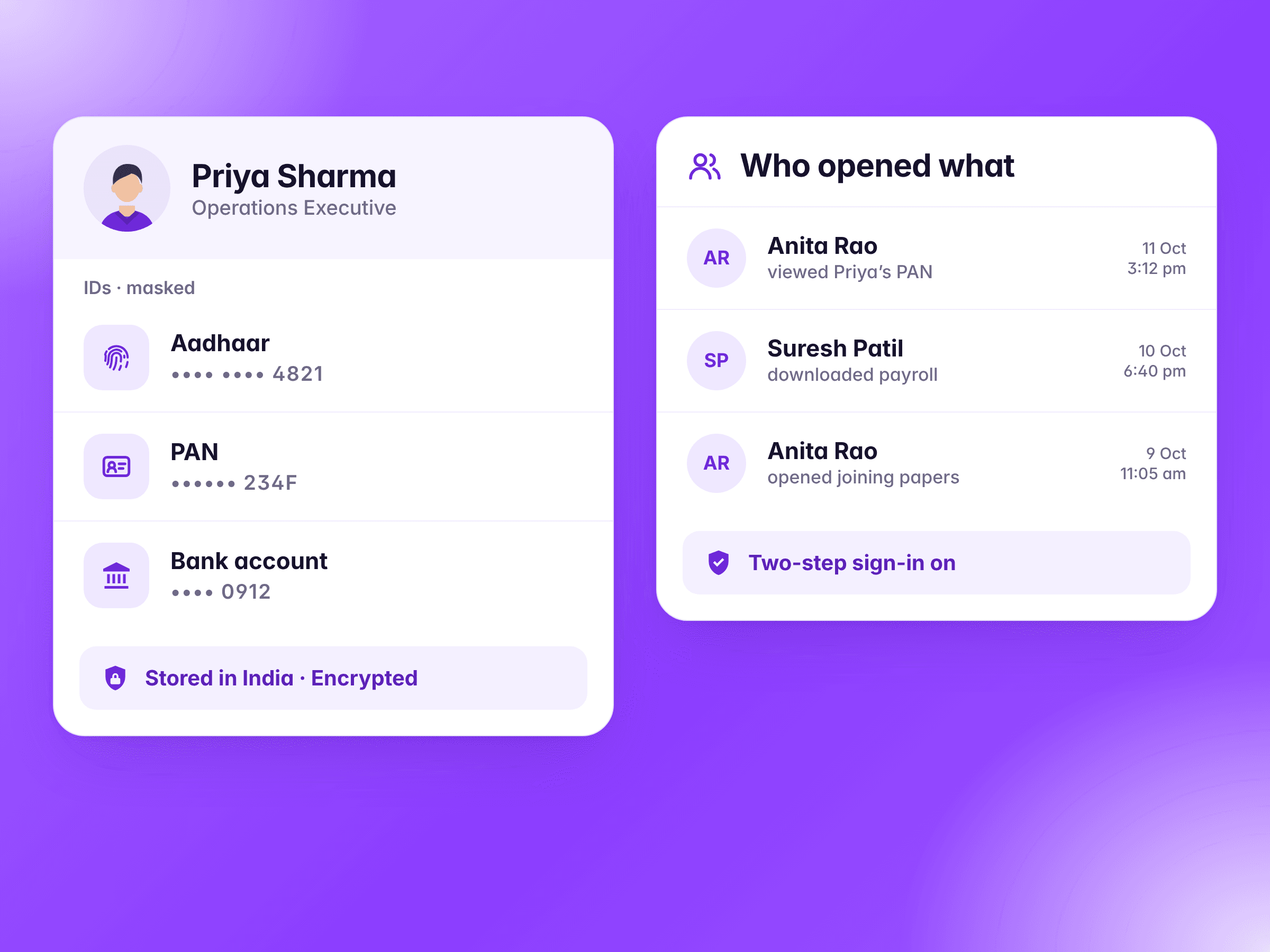 An employee's Aadhaar, PAN and bank number masked, and a log of who viewed or downloaded staff data