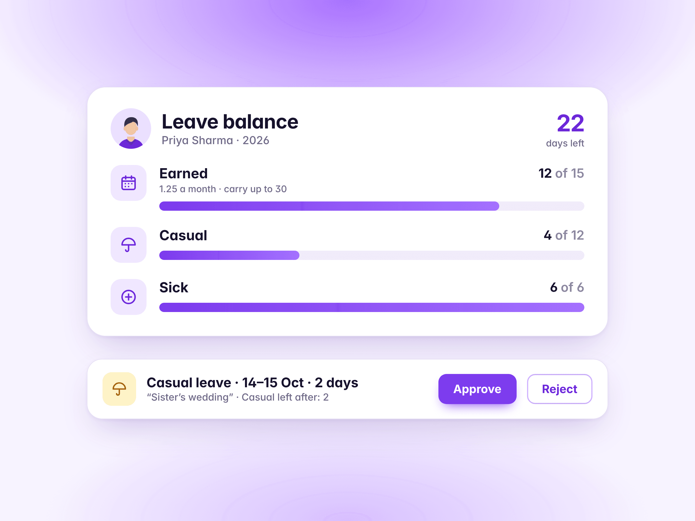 Priya Sharma's leave balance, and a casual leave request to approve or reject
