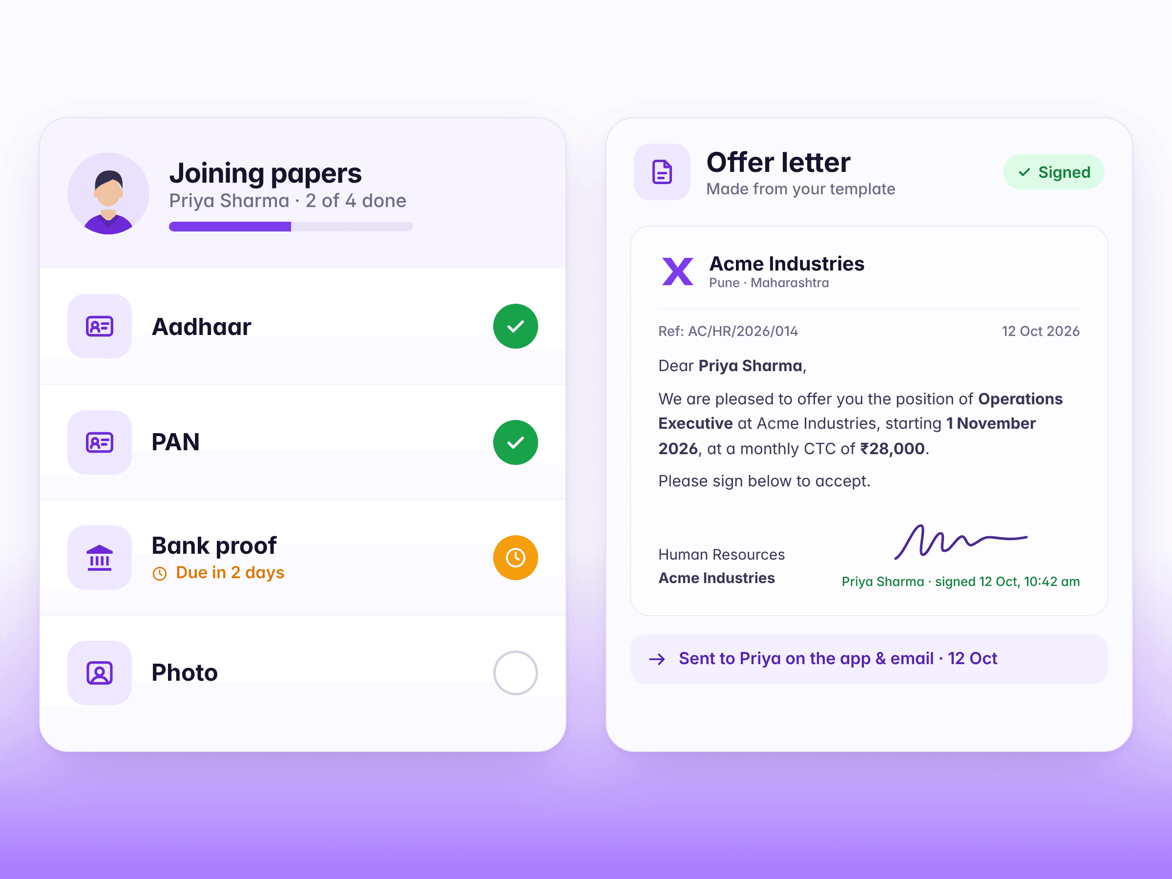 A joining checklist with two papers in and two to go, beside an offer letter signed in the app