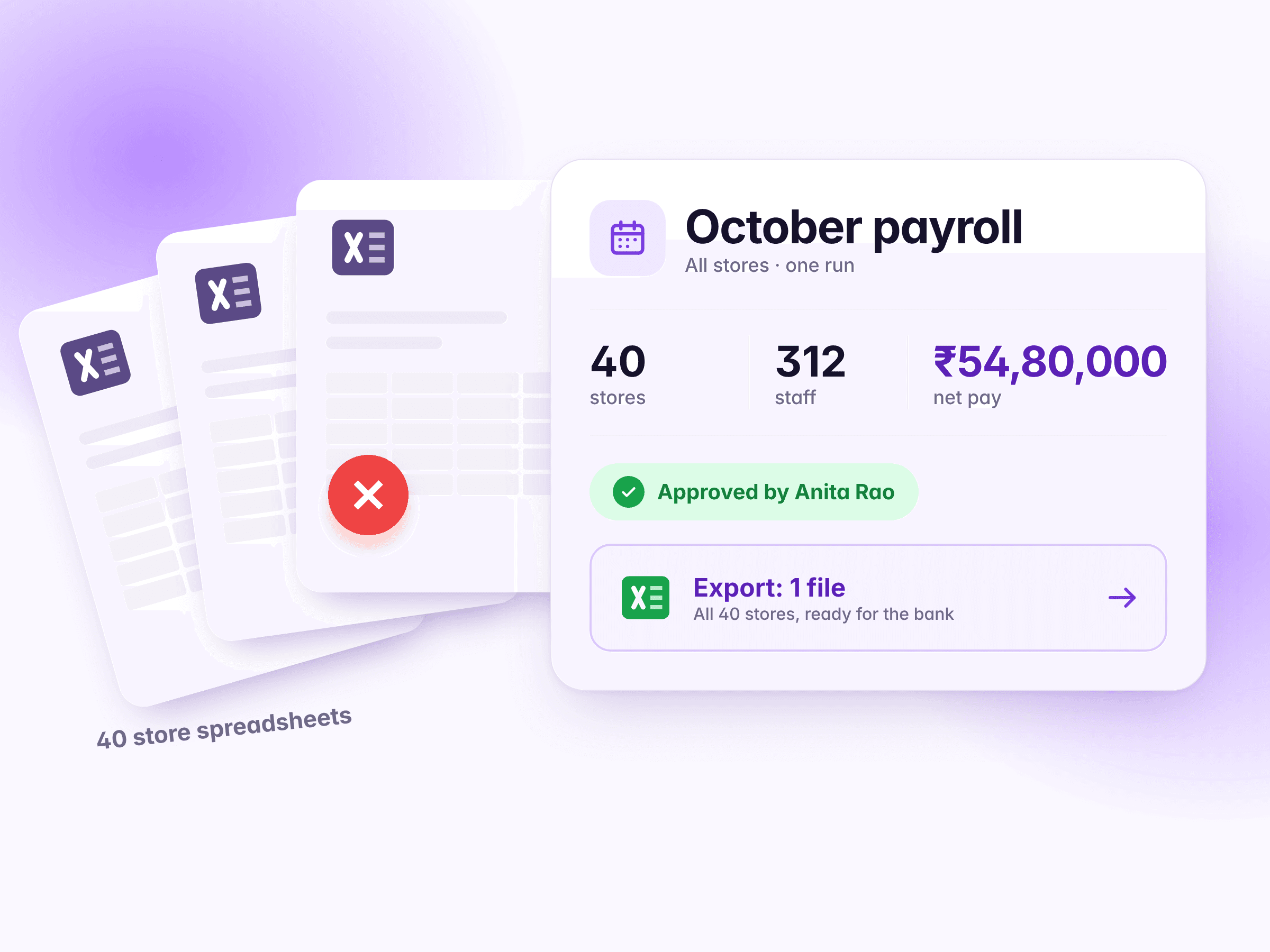 Forty store spreadsheets replaced by one approved payout for 312 staff, exported as one file