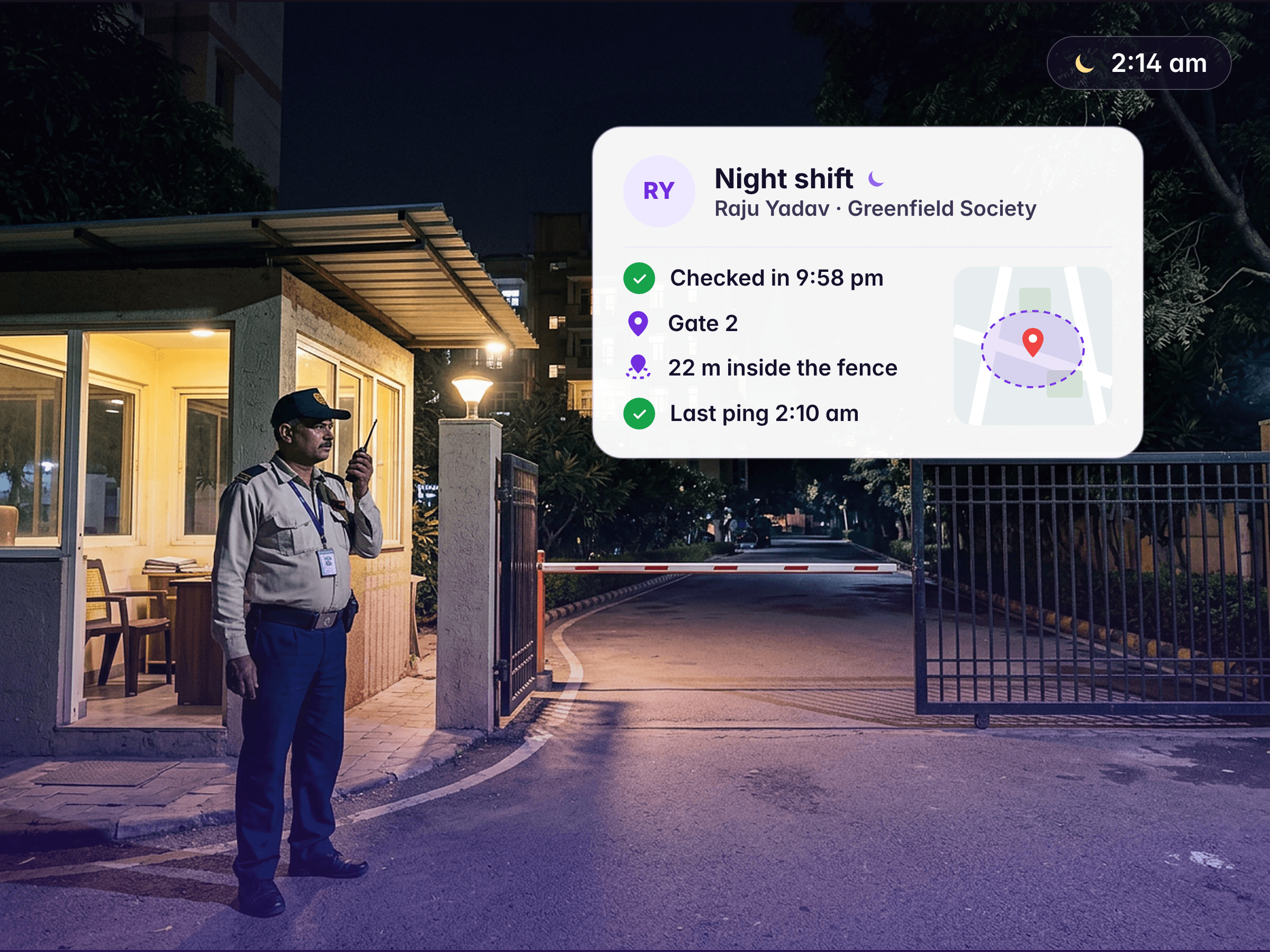 A guard at a society gate at night, with the check-in record that proves he was there
